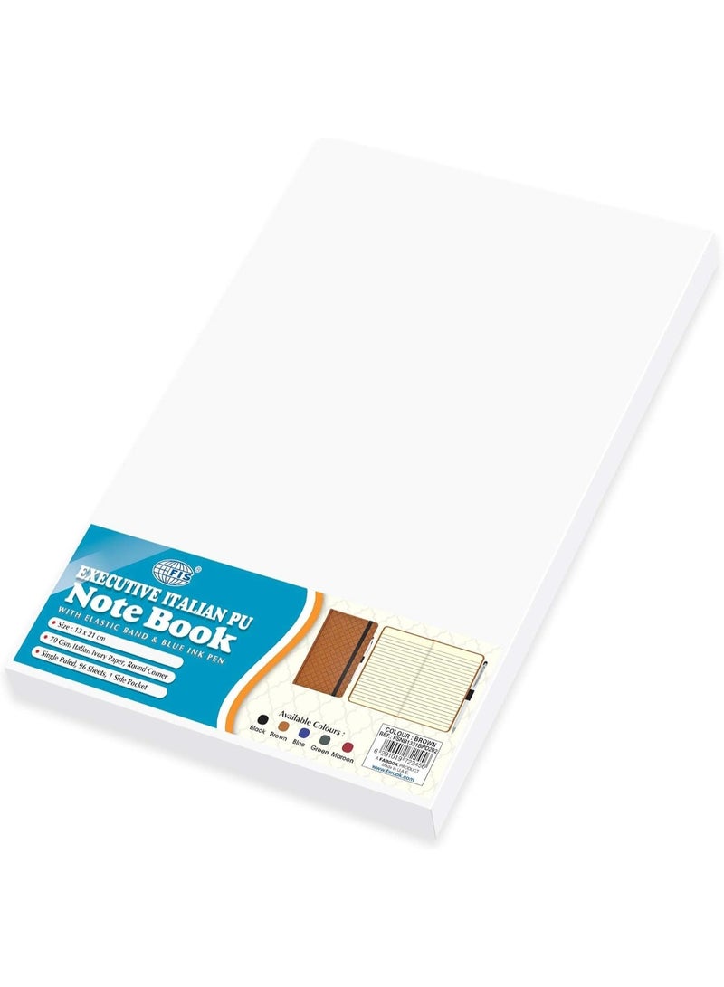 FIS Notebook With Elastic Band & Blue Ink Pen Italian PU Cover, 96 Sheets, Single Ruled, Ivory Paper, Brown Color, 13 x 21 cm Size - FSNB1321BRD202 - Image 2